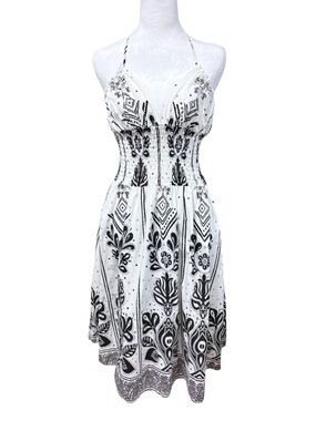 Striking 100% Cotton White and Black Bandana Printed Boho-Chic Dress Beach SZ L